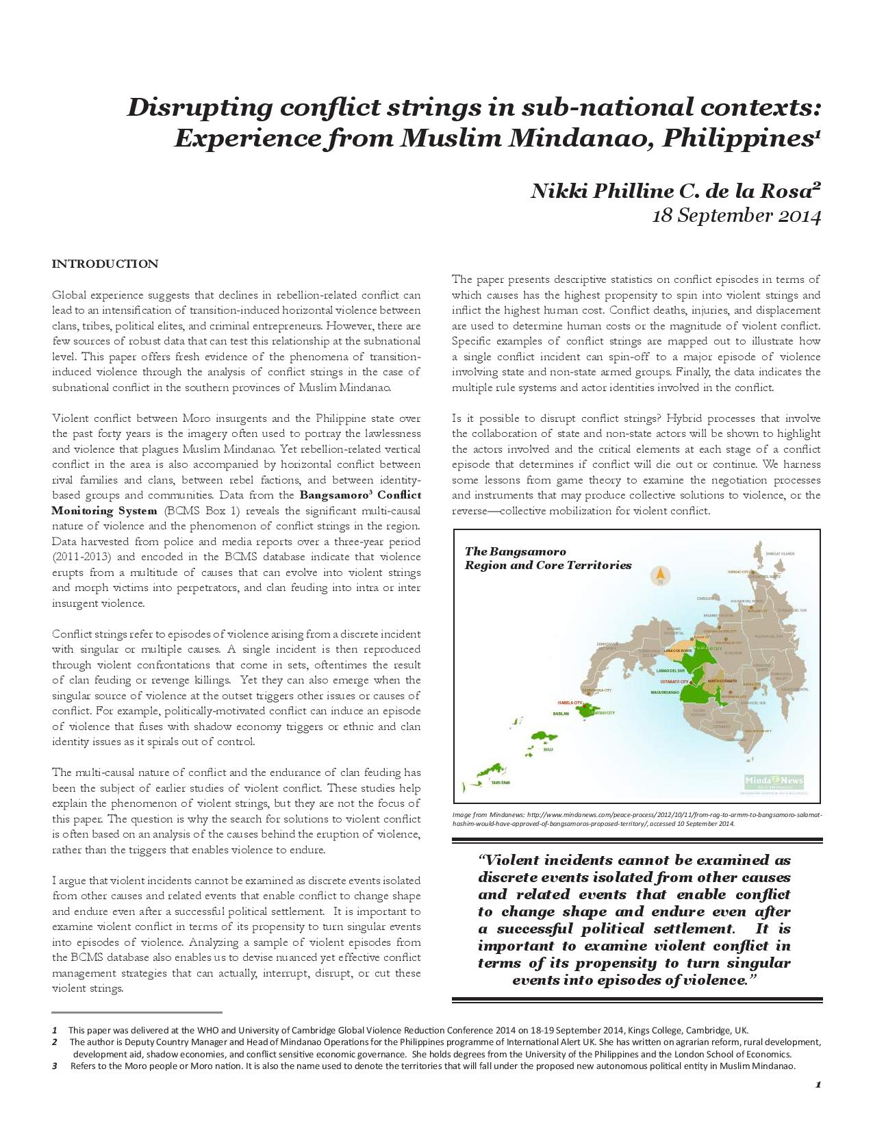 Disrupting conflict strings in sub-national contexts: Experience from Muslim Mindanao, Philippines